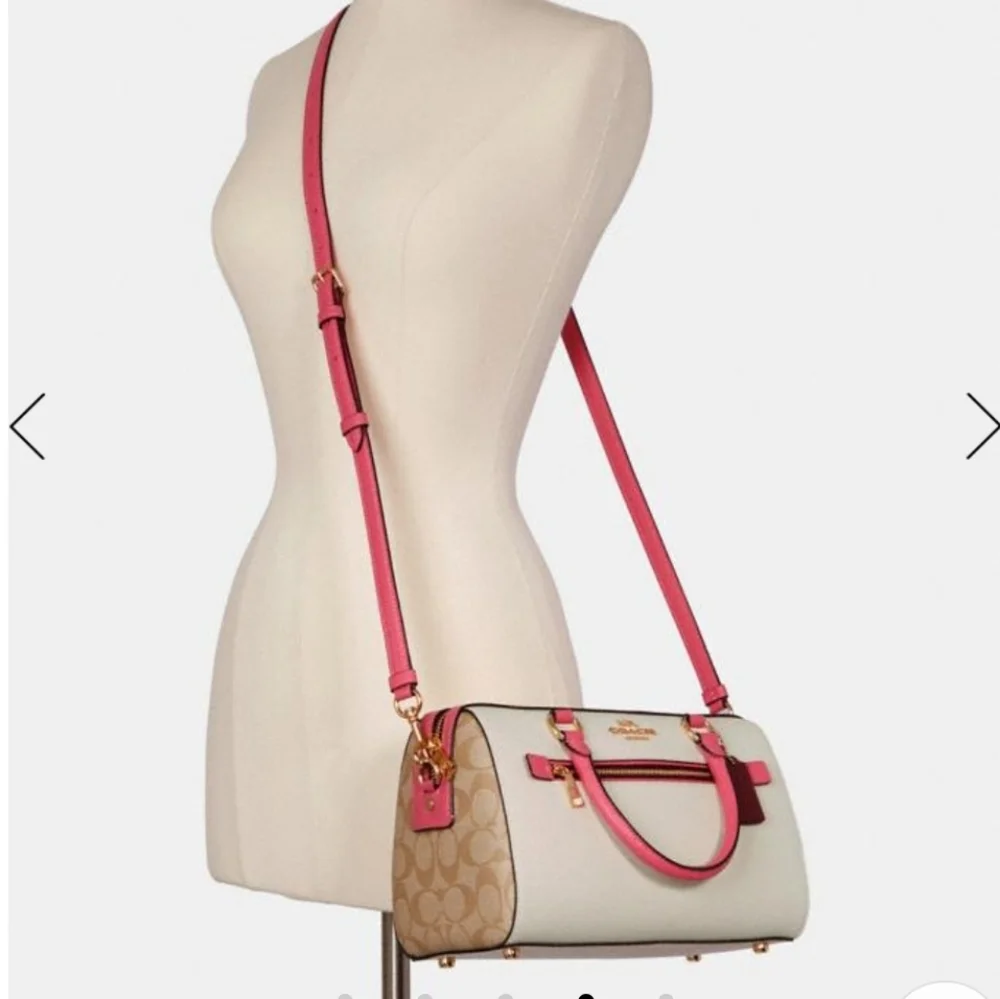NWT Coach Colorblock Rowan Satchel Handbag Ivory/Pink/Red Leather Signature